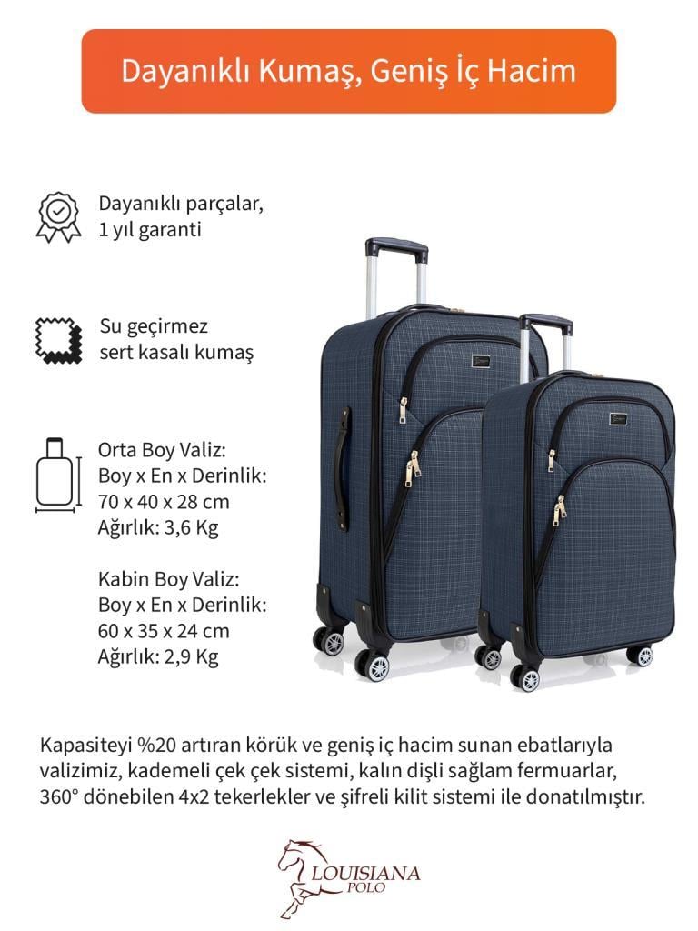 Orta ve Kabin Boy Valiz Seti 4 Teker Kumaş Valiz Lacivert 1081