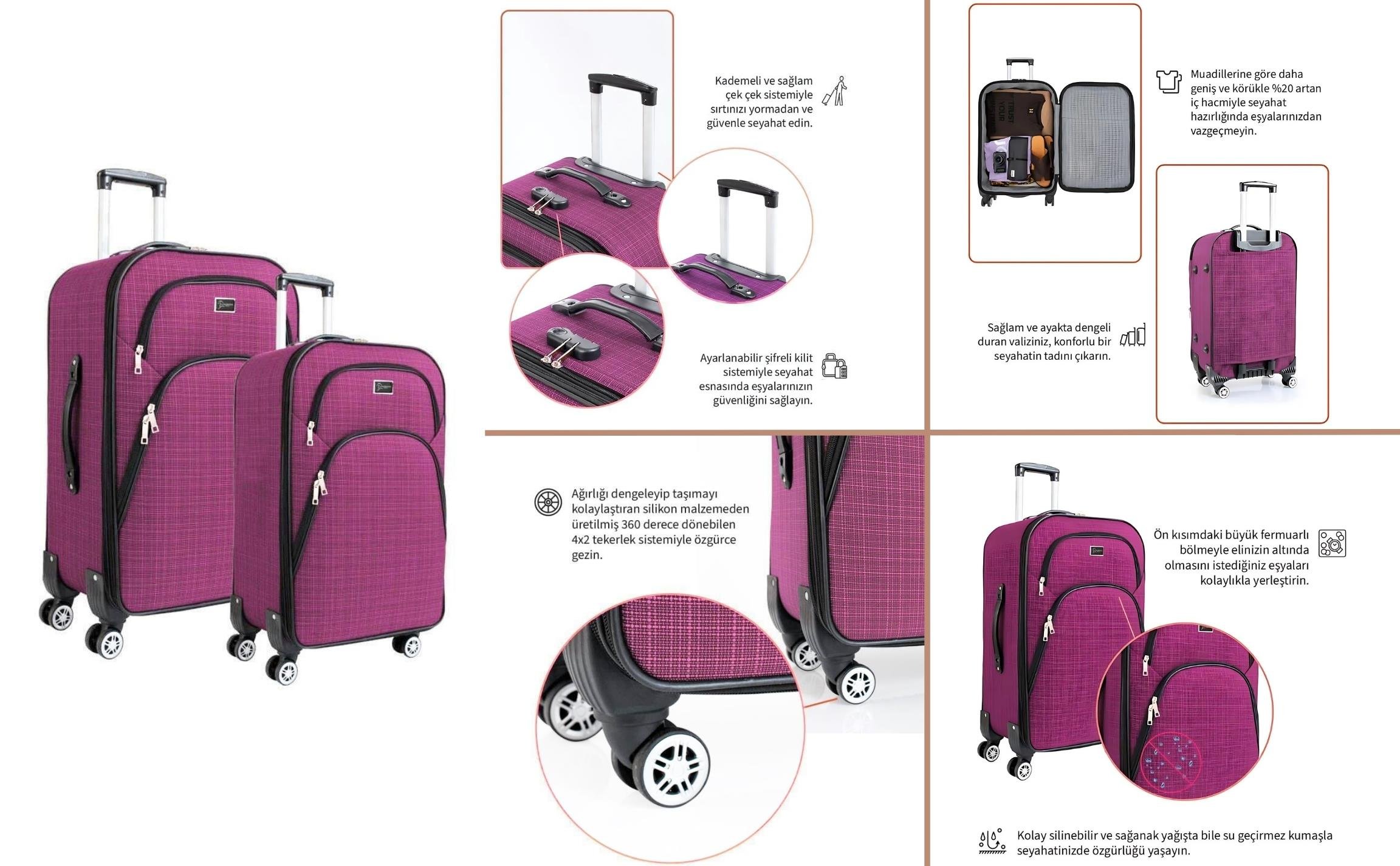 Orta ve Kabin Boy Valiz Seti 4 Teker Kumaş Valiz Pembe 1081