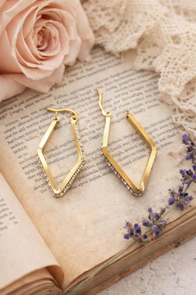 316L Çelik Taşlı Küpe – Kararmaz Gold Renk Geometrik Sallantılı Küpe