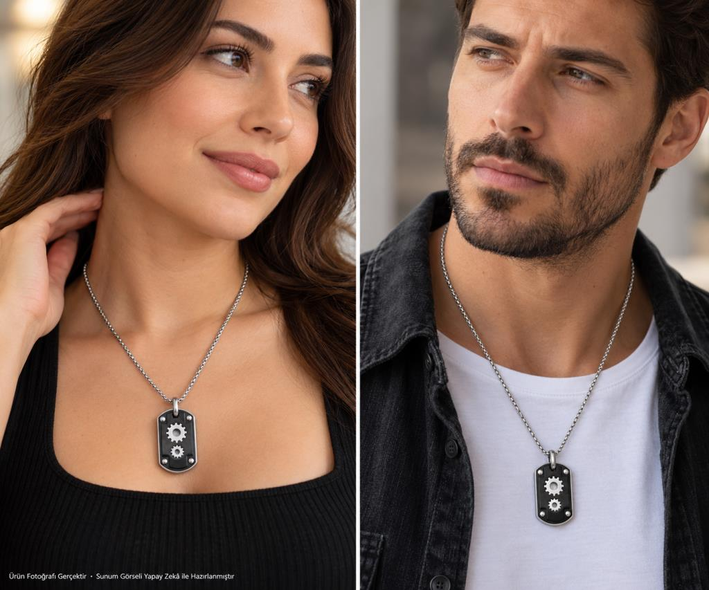 316L Paslanmaz Çelik Dişli Kolye Siyah Gümüş Renk Unisex Kutulu Stainless Steel Gear Necklace