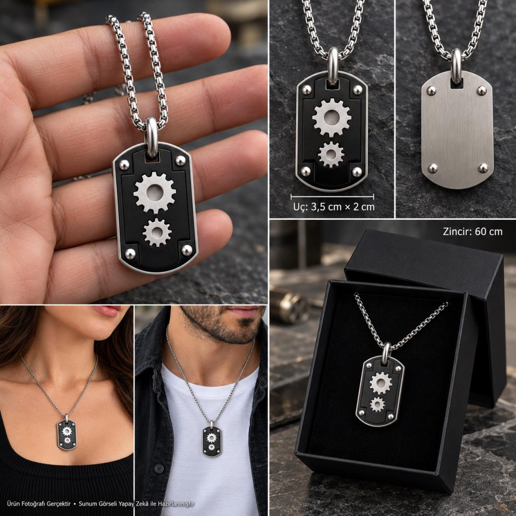 316L Paslanmaz Çelik Dişli Kolye Siyah Gümüş Renk Unisex Kutulu Stainless Steel Gear Necklace