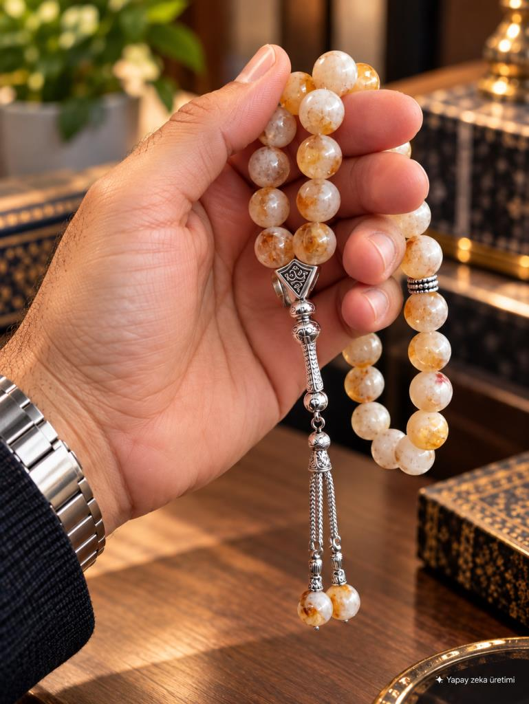 33’lü 10 mm Doğal Sitrin Taşı Tesbih – Küre Kesim El Yapımı Lüks Erkek Tespih Hediyelik
