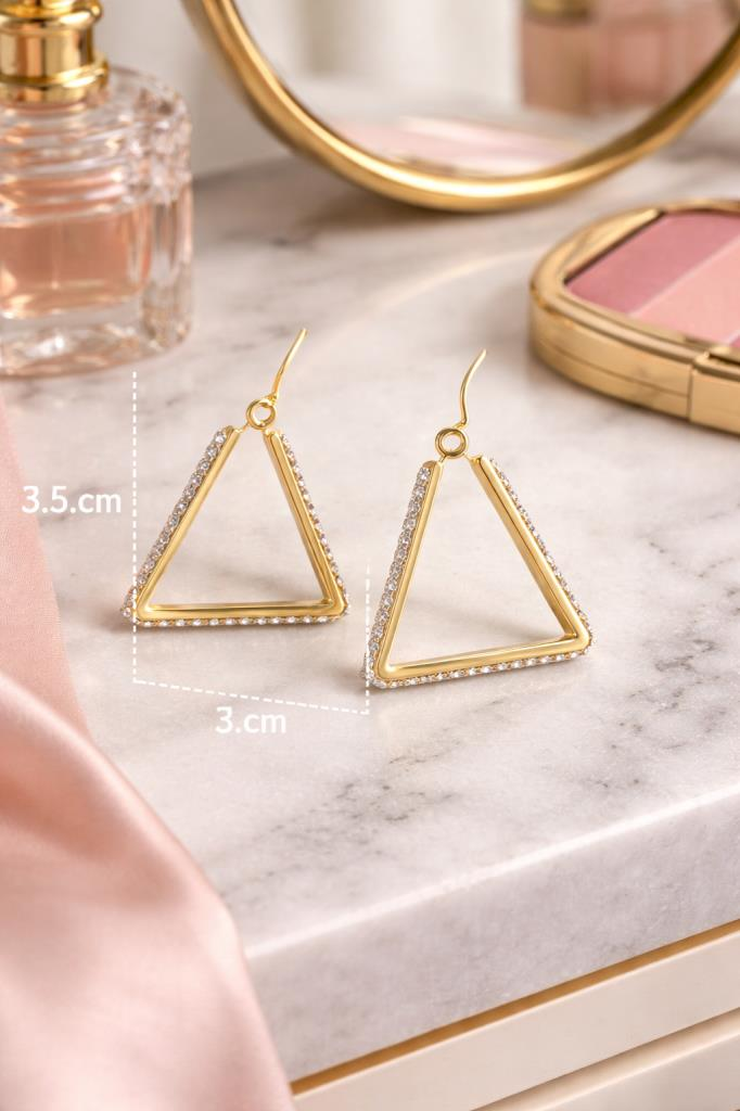 3,5 cm Üçgen Küpe – 316L Paslanmaz Çelik Taşlı Sallantılı Küpe, Kararmaz