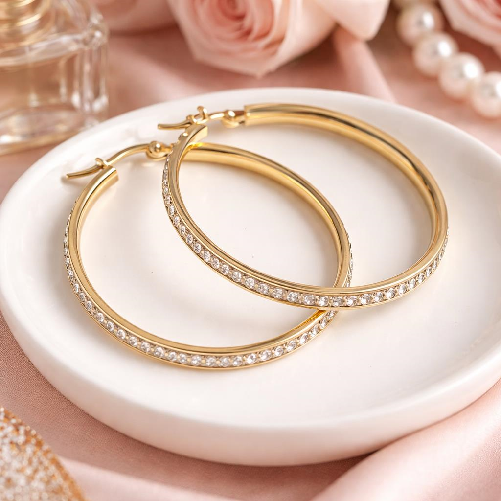 5 cm Halka Küpe – 316L Paslanmaz Çelik Taşlı, Kararmaz