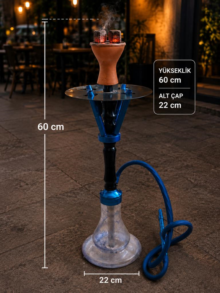 60 CM Cam Hazneli Lüx Nargile Takımı – Mavi Metal Gövdeli Modern Tasarım 