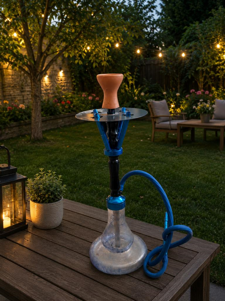 60 CM Cam Hazneli Lüx Nargile Takımı – Mavi Metal Gövdeli Modern Tasarım 