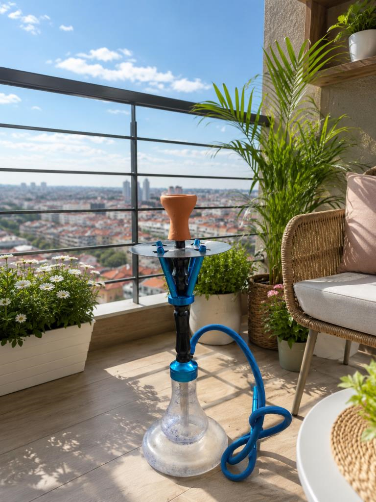 60 CM Cam Hazneli Lüx Nargile Takımı – Mavi Metal Gövdeli Modern Tasarım 