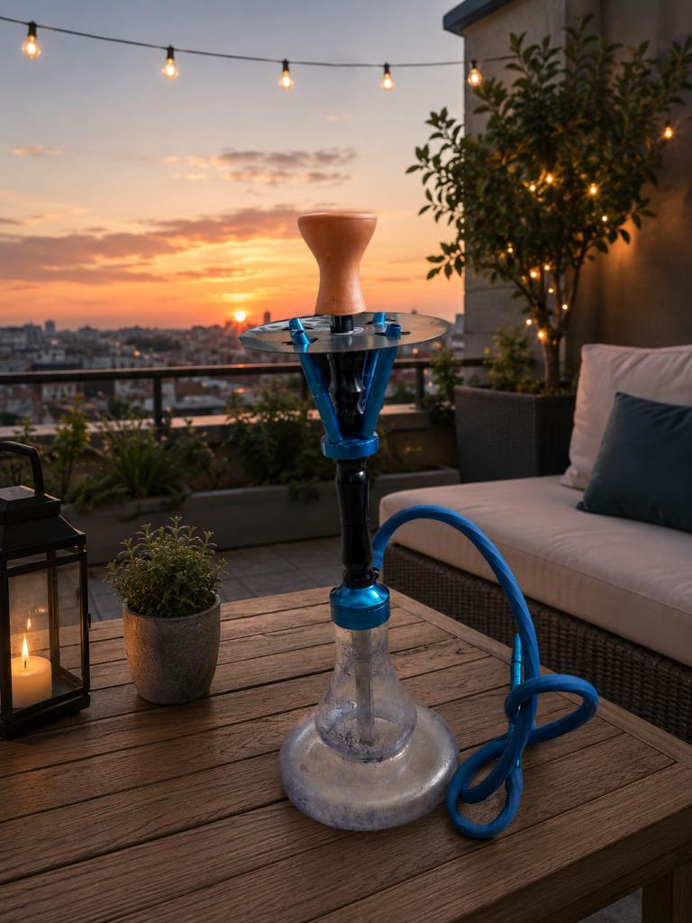 60 CM Cam Hazneli Lüx Nargile Takımı – Mavi Metal Gövdeli Modern Tasarım 