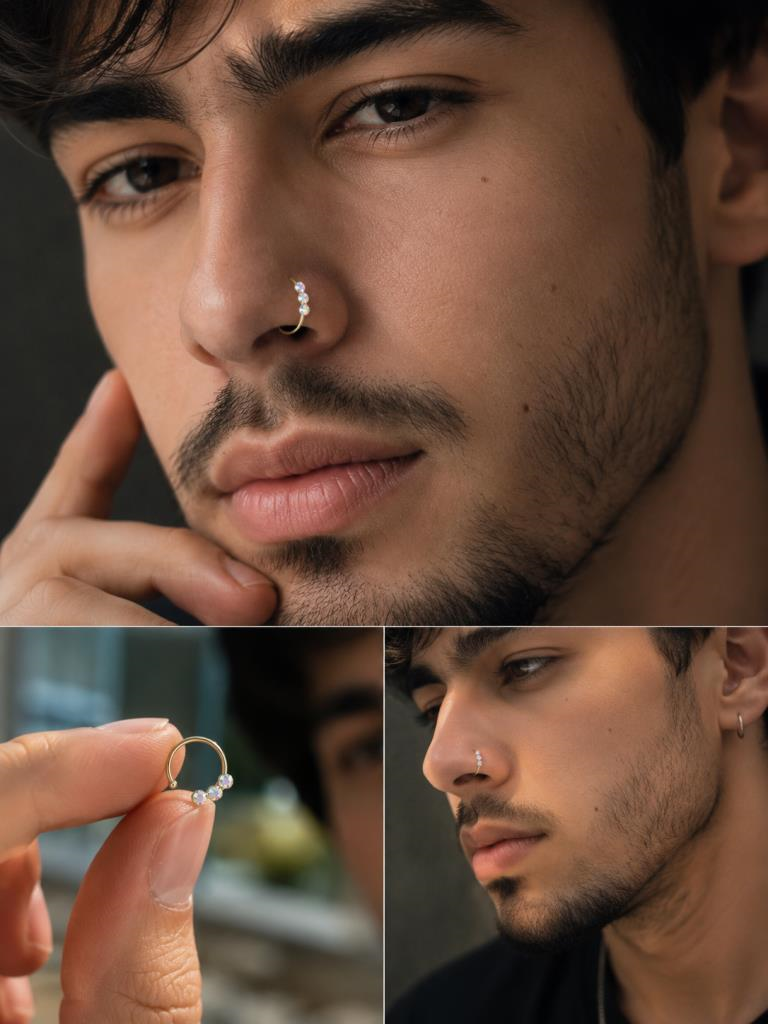 925 Ayar Gümüş 3 Taşlı Minimal Burun Hızması Piercing – Gri Opal Efektli Işığa Göre Renk Değiştiren