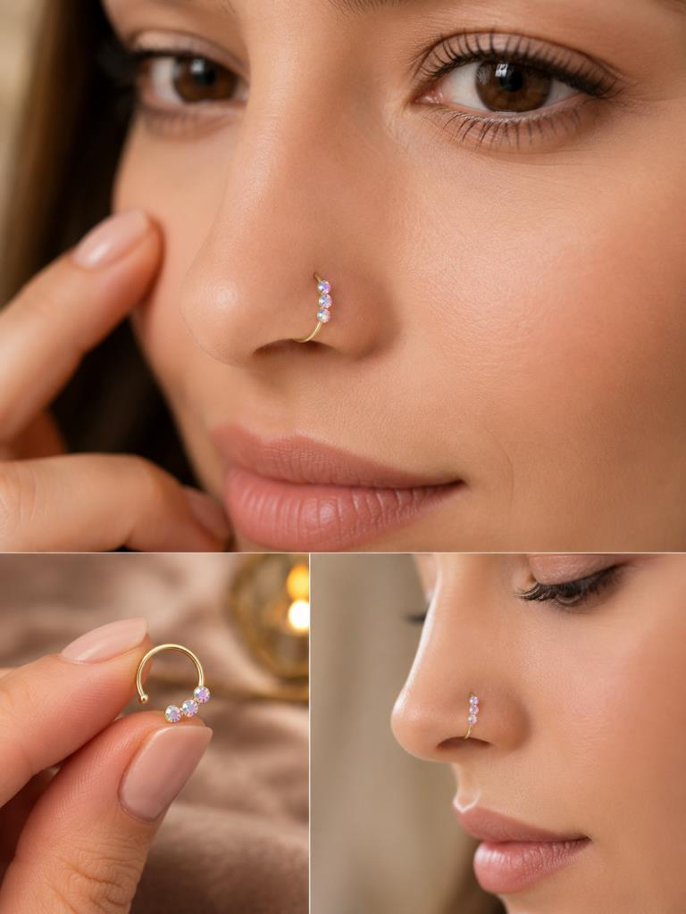925 Ayar Gümüş 3 Taşlı Minimal Burun Hızması Piercing – Gri Opal Efektli Işığa Göre Renk Değiştiren