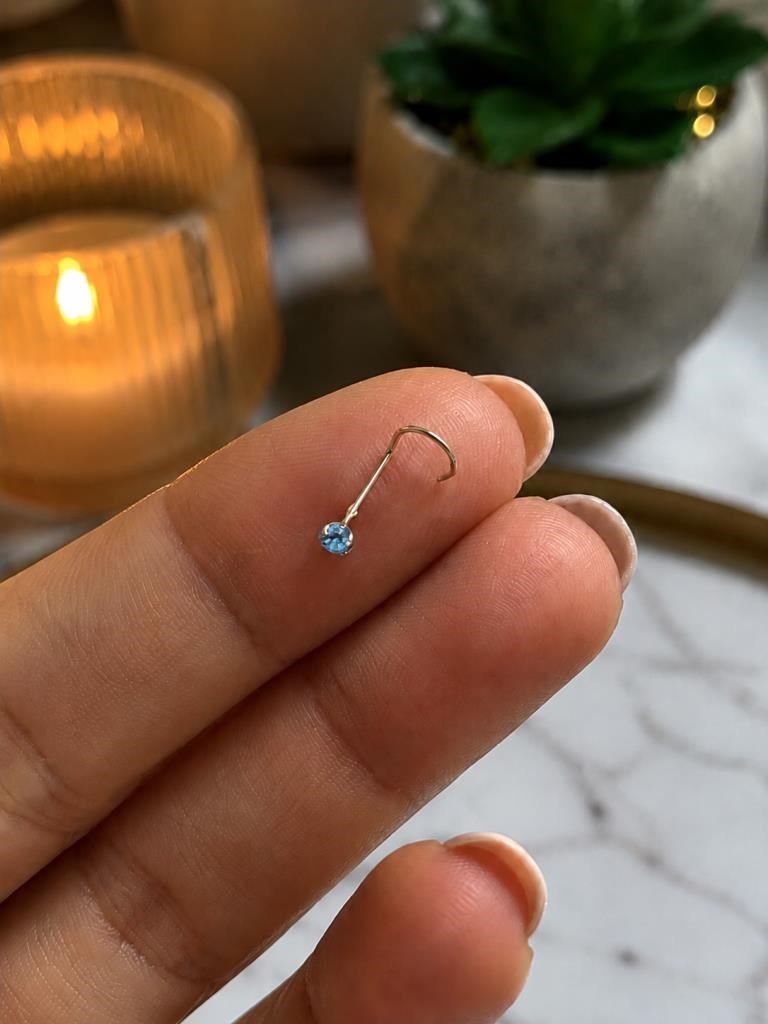 925 Ayar Gümüş Açık Mavi Taşlı Sarı Renk Burun Hızması Piercing Minimal L Şekilli Unisex Nose Stud