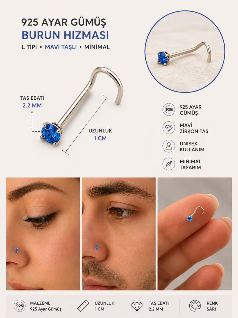 925 Ayar Gümüş Açık Mavi Taşlı Sarı Renk Burun Hızması Piercing Minimal L Şekilli Unisex Nose Stud