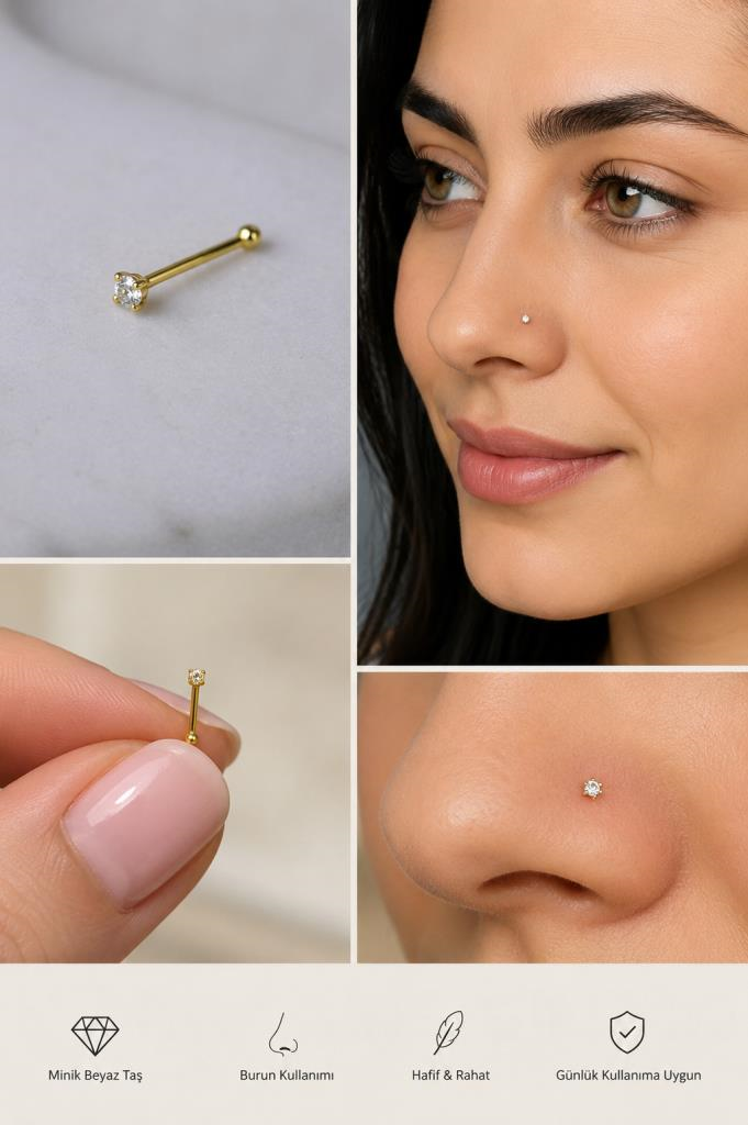 925 Ayar Gümüş Beyaz Taşlı Burun Hızması 9 mm 1.6 mm Tek Taş Minimal Nose Stud Sarı Renk