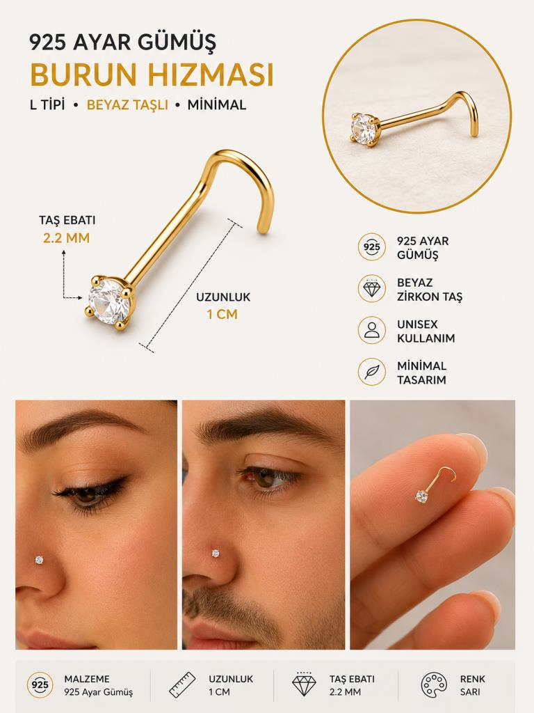 925 Ayar Gümüş Beyaz Taşlı Sarı Renk Burun Hızması Piercing Minimal L Şekilli Unisex Nose Stud