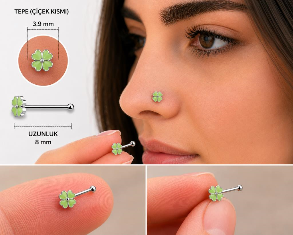 925 Ayar Gümüş Burun Hızması Açık Yeşil  Çiçek Desenli Minimal Nose Stud Kadın Erkek Unisex 8 mm 
