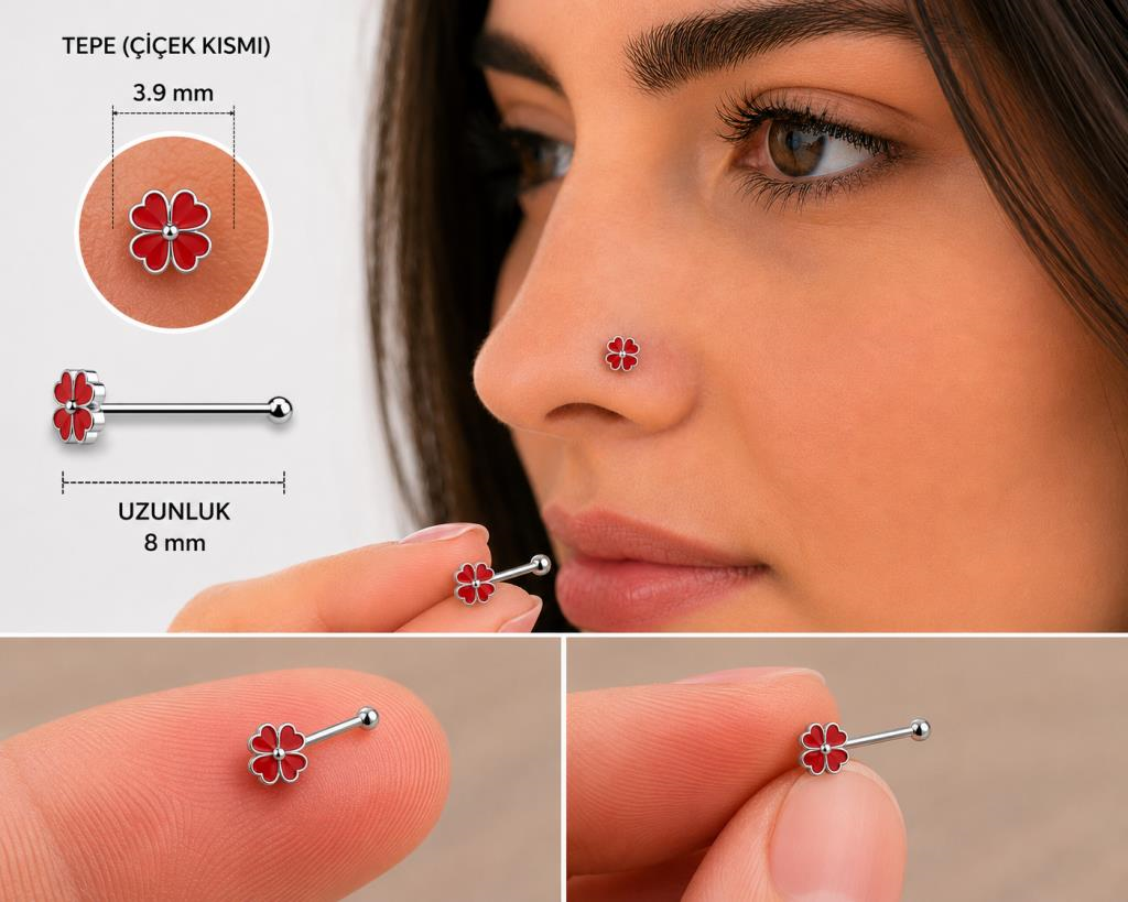 925 Ayar Gümüş Burun Hızması Kırmızı Çiçek Desenli Minimal Nose Stud Kadın Erkek Unisex 8 mm 