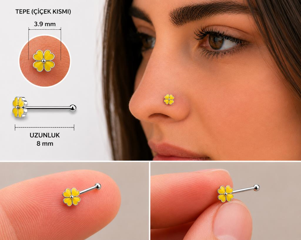 925 Ayar Gümüş Burun Hızması Sarı Çiçek Desenli Minimal Nose Stud Kadın Erkek Unisex 8 mm 