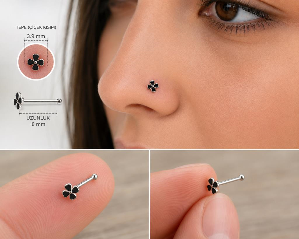 925 Ayar Gümüş Burun Hızması Siyah Çiçek Desenli Minimal Nose Stud Kadın Erkek Unisex 8 mm 
