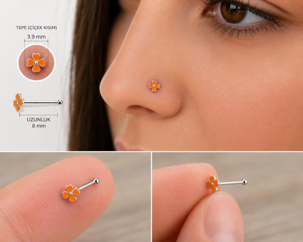 925 Ayar Gümüş Burun Hızması Turuncu Çiçek Desenli Minimal Nose Stud Kadın Erkek Unisex 8 mm 