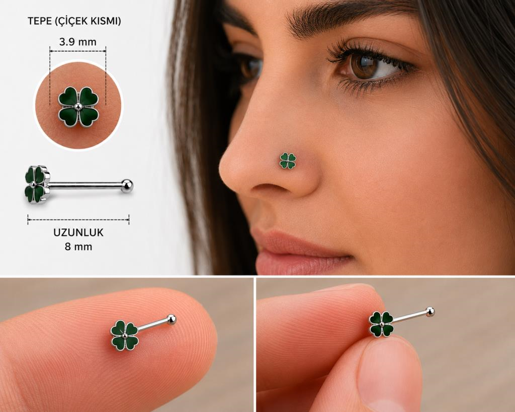 925 Ayar Gümüş Burun Hızması Yeşil Çiçek Desenli Minimal Nose Stud Kadın Erkek Unisex 8 mm 