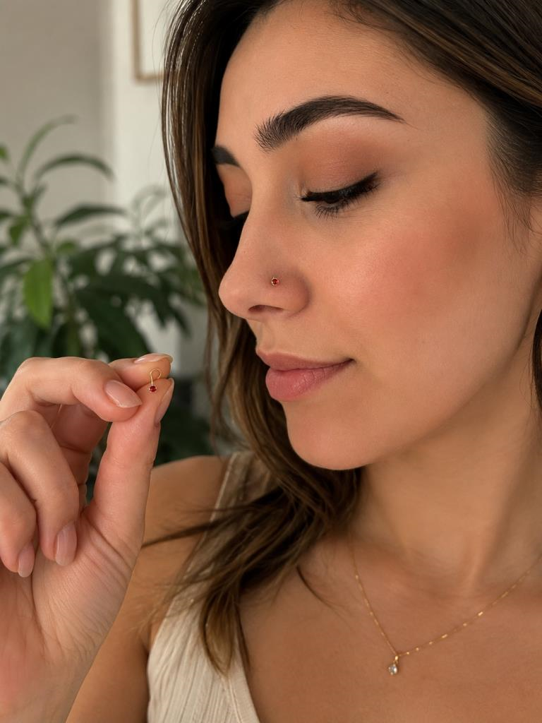 925 Ayar Gümüş Kırmızı Taşlı Burun Hızması Piercing Minimal L Şekilli Unisex Nose Stud
