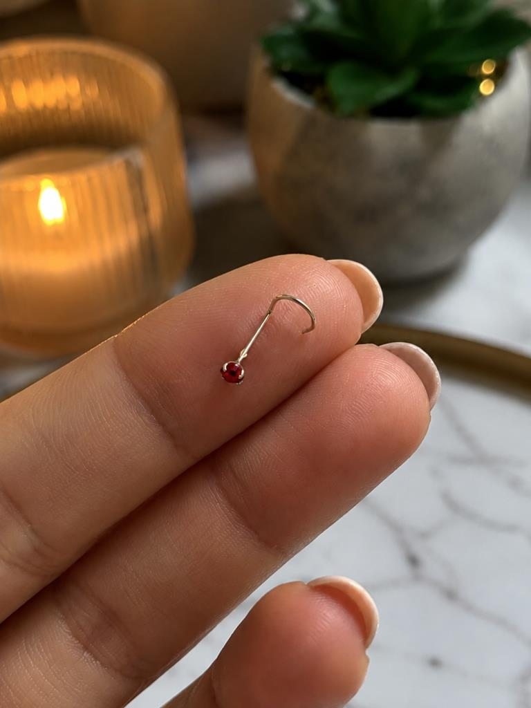 925 Ayar Gümüş Kırmızı Taşlı Burun Hızması Piercing Minimal L Şekilli Unisex Nose Stud