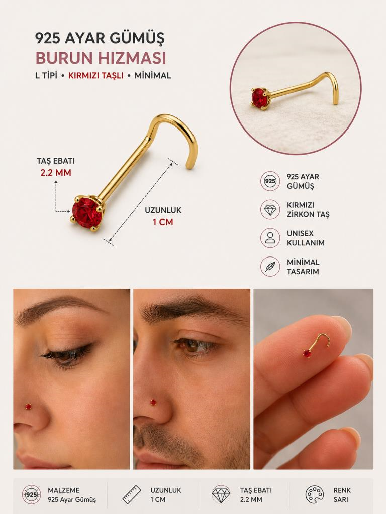 925 Ayar Gümüş Kırmızı Taşlı Burun Hızması Piercing Minimal L Şekilli Unisex Nose Stud