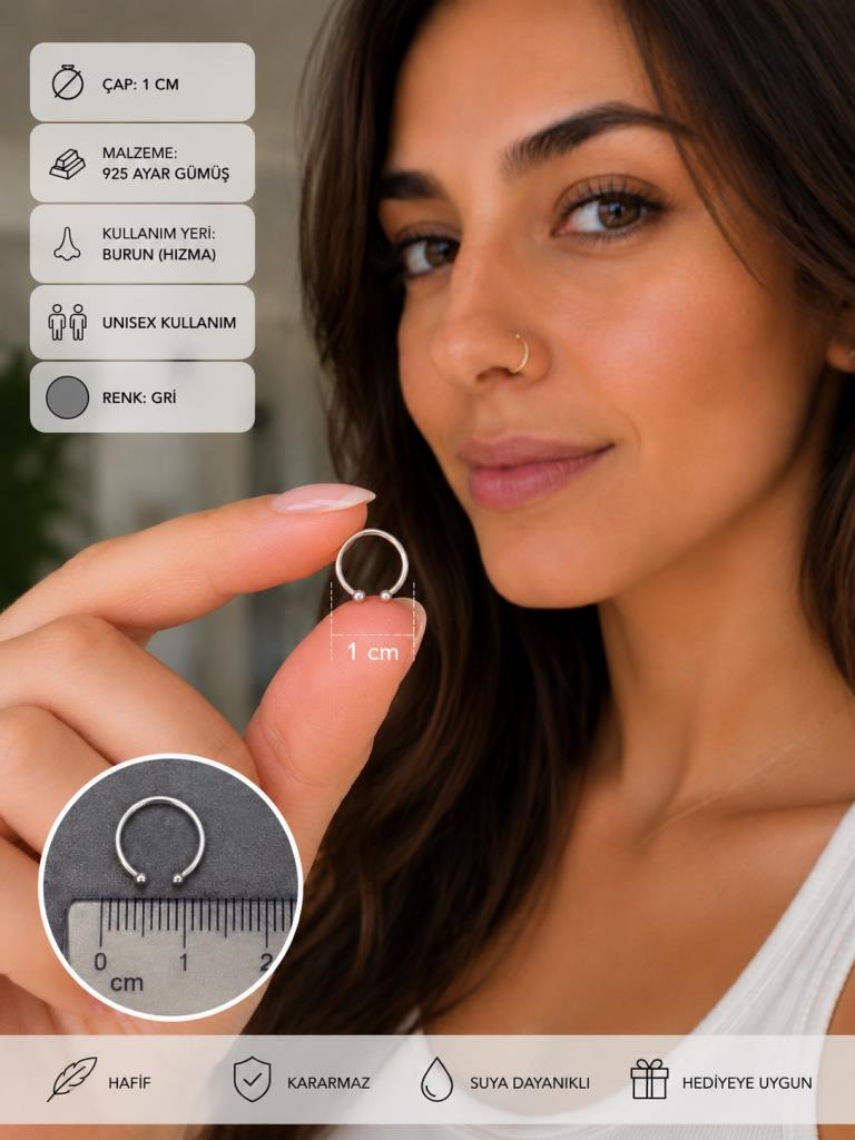 925 Ayar Gümüş Minimal Burun Hızması Piercing Halka Model Taş Detaylı Unisex 