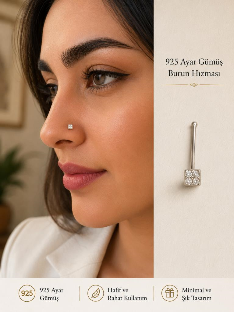 925 Ayar Gümüş Minimal Burun Hızması Piercing Zirkon Taşlı Unisex Halka Nose Ring Günlük Kullanım Şık Tasarım