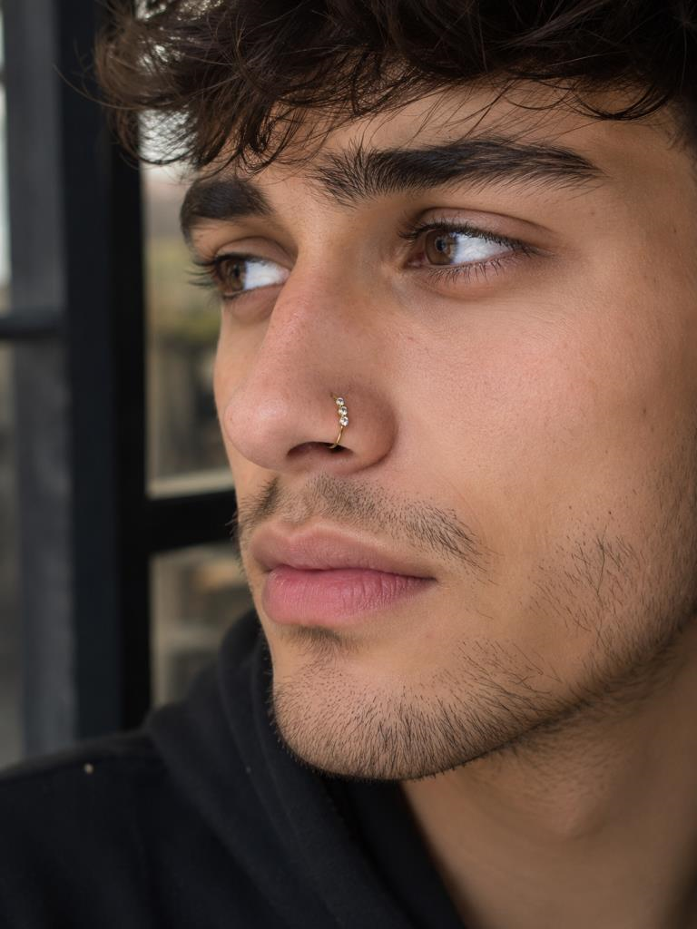 925 Ayar Gümüş Minimal Burun Hızması Piercing Halka Model Taş Detaylı Unisex 