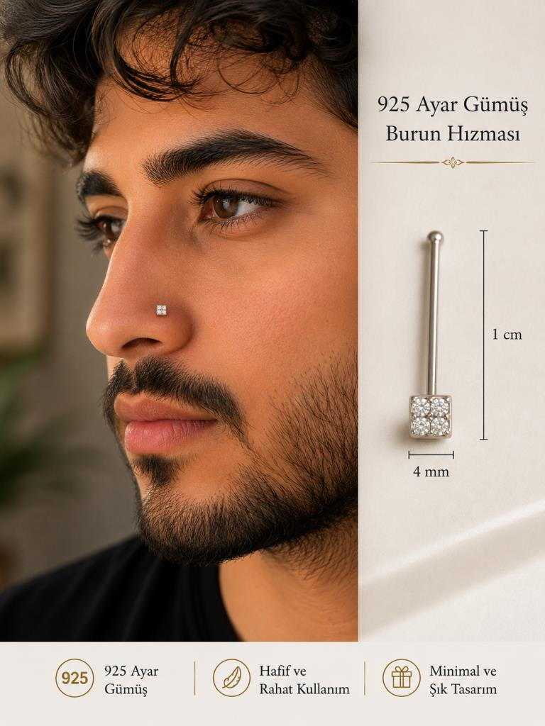 925 Ayar Gümüş Minimal Burun Hızması Piercing Zirkon Taşlı Unisex Halka Nose Ring Günlük Kullanım Şık Tasarım