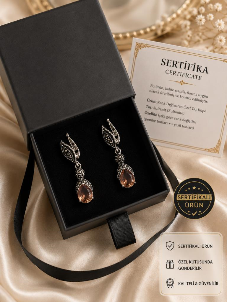 925 Ayar Gümüş Sertifikalı Sultanit Küpe Renk Değiştiren Taşlı Damla Küpe Kutulu