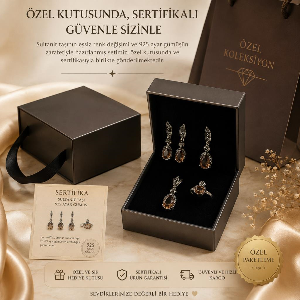 925 Ayar Gümüş Sertifikalı Sultanit Takı Seti Kolye Küpe Yüzük – Işığa Göre Renk Değiştiren Zultanit Taş Şık Set