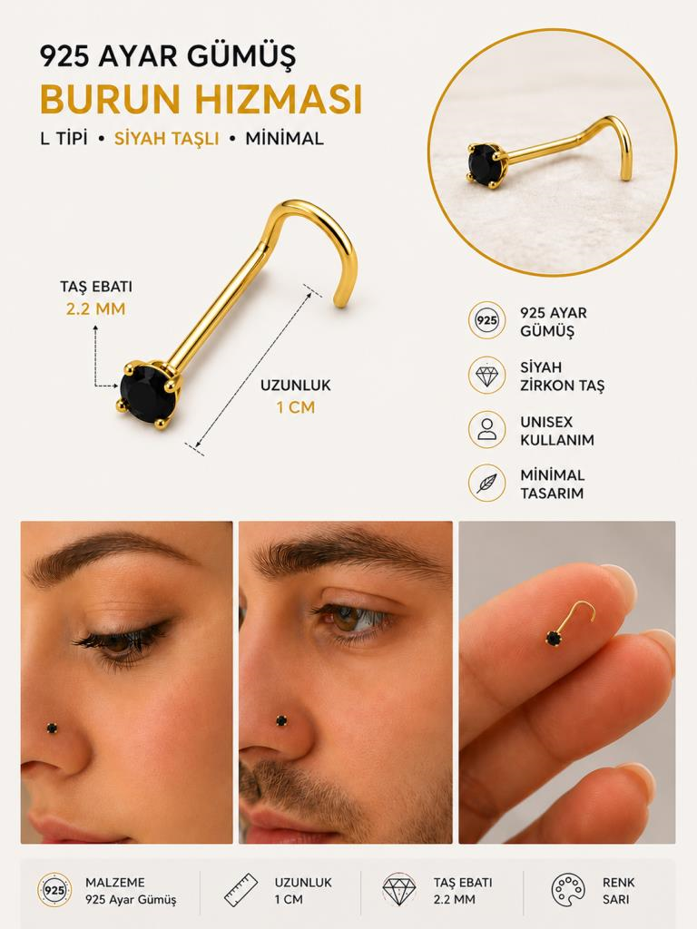 925 Ayar Gümüş Siyah Taşlı Sarı Renk Burun Hızması Piercing Minimal L Şekilli Unisex Nose Stud