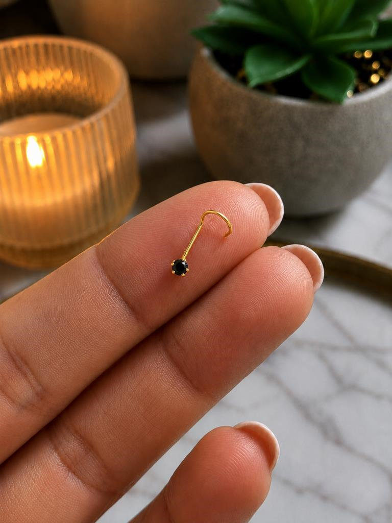 925 Ayar Gümüş Siyah Taşlı Sarı Renk Burun Hızması Piercing Minimal L Şekilli Unisex Nose Stud