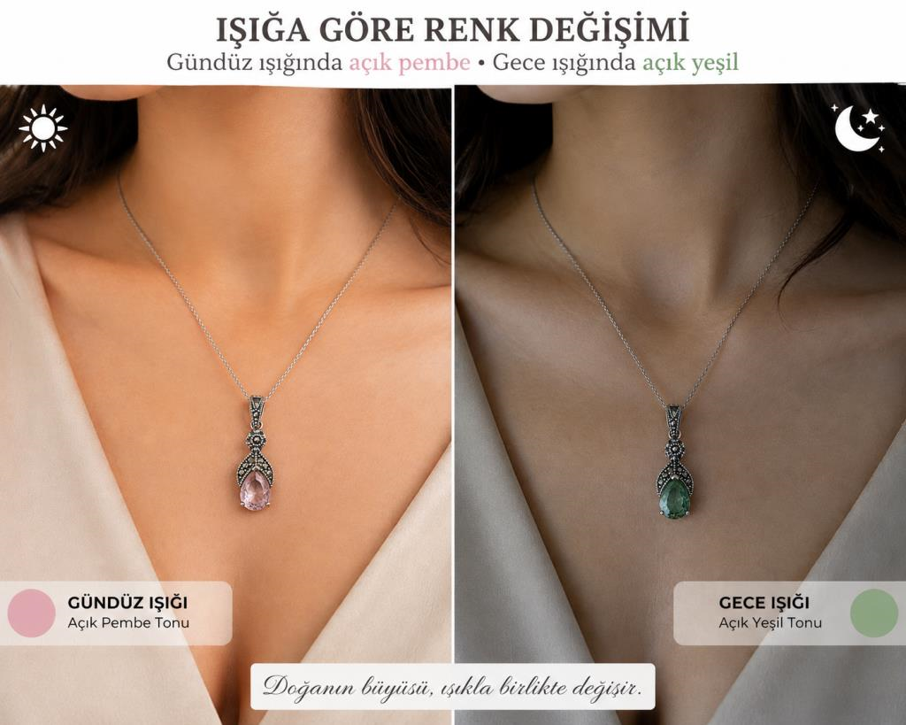 925 Ayar Gümüş Sultanit Kolye Renk Değiştiren Taşlı Şık Bayan Kolye Kutulu Sertifikalı