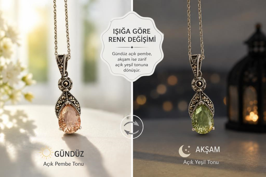 925 Ayar Gümüş Sultanit Kolye Renk Değiştiren Taşlı Şık Bayan Kolye Kutulu Sertifikalı