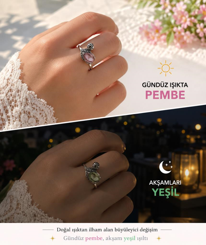 925 Ayar Gümüş Sultanit Yüzük 16 Numara Sertifikalı Zultanit Taşlı Şık Tasarım Kadın Yüzük