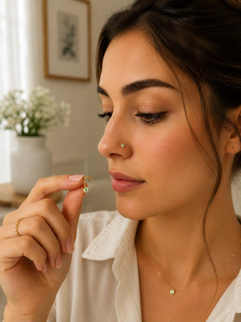 925 Ayar Gümüş Yeşil Taşlı Sarı Renk Burun Hızması Piercing Minimal L Şekilli Unisex Nose Stud