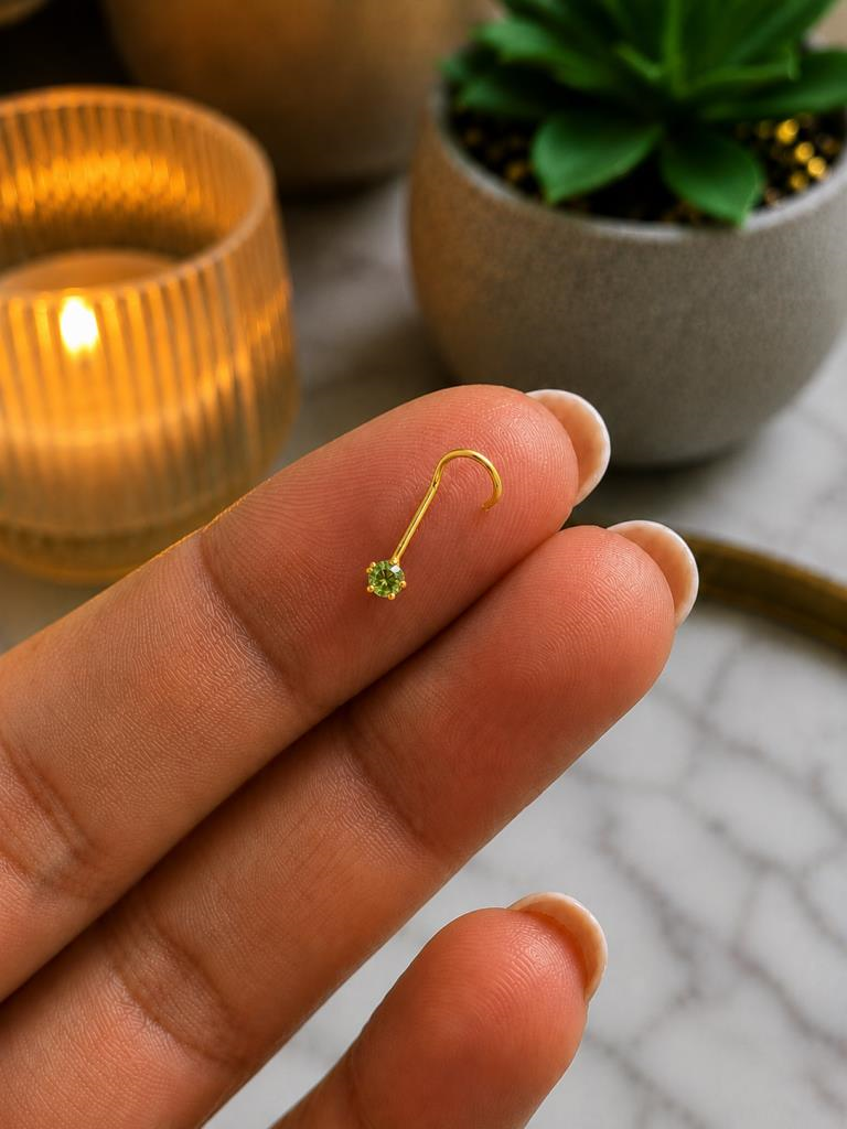 925 Ayar Gümüş Yeşil Taşlı Sarı Renk Burun Hızması Piercing Minimal L Şekilli Unisex Nose Stud