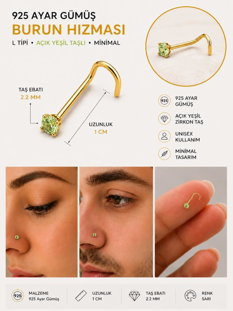 925 Ayar Gümüş Yeşil Taşlı Sarı Renk Burun Hızması Piercing Minimal L Şekilli Unisex Nose Stud