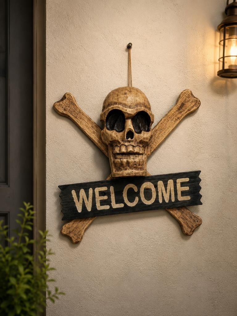 Ahşap Korsan Kuru Kafa Welcome Duvar Süsü Dekoratif Kapı ve Duvar Askısı