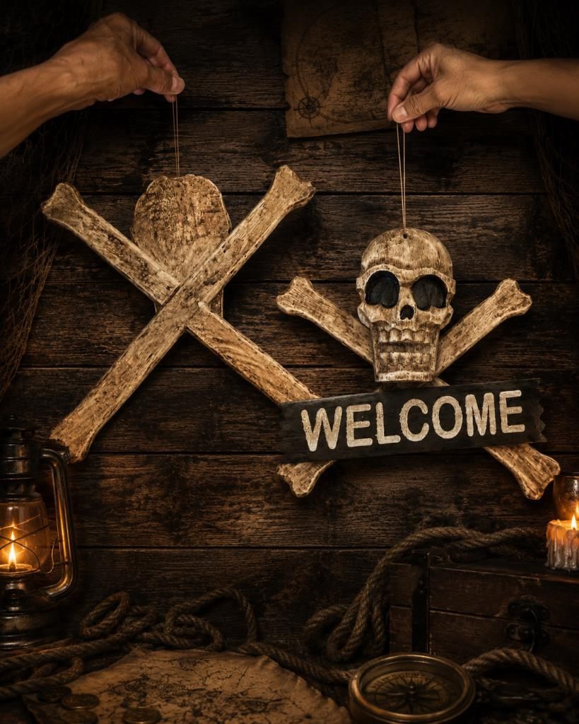 Ahşap Korsan Kuru Kafa Welcome Duvar Süsü Dekoratif Kapı ve Duvar Askısı