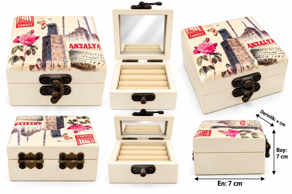 Ahşap Takı Kutusu Aynalı Dekoratif Mücevher ve Yüzük Saklama Kutusu 7x7x4 cm