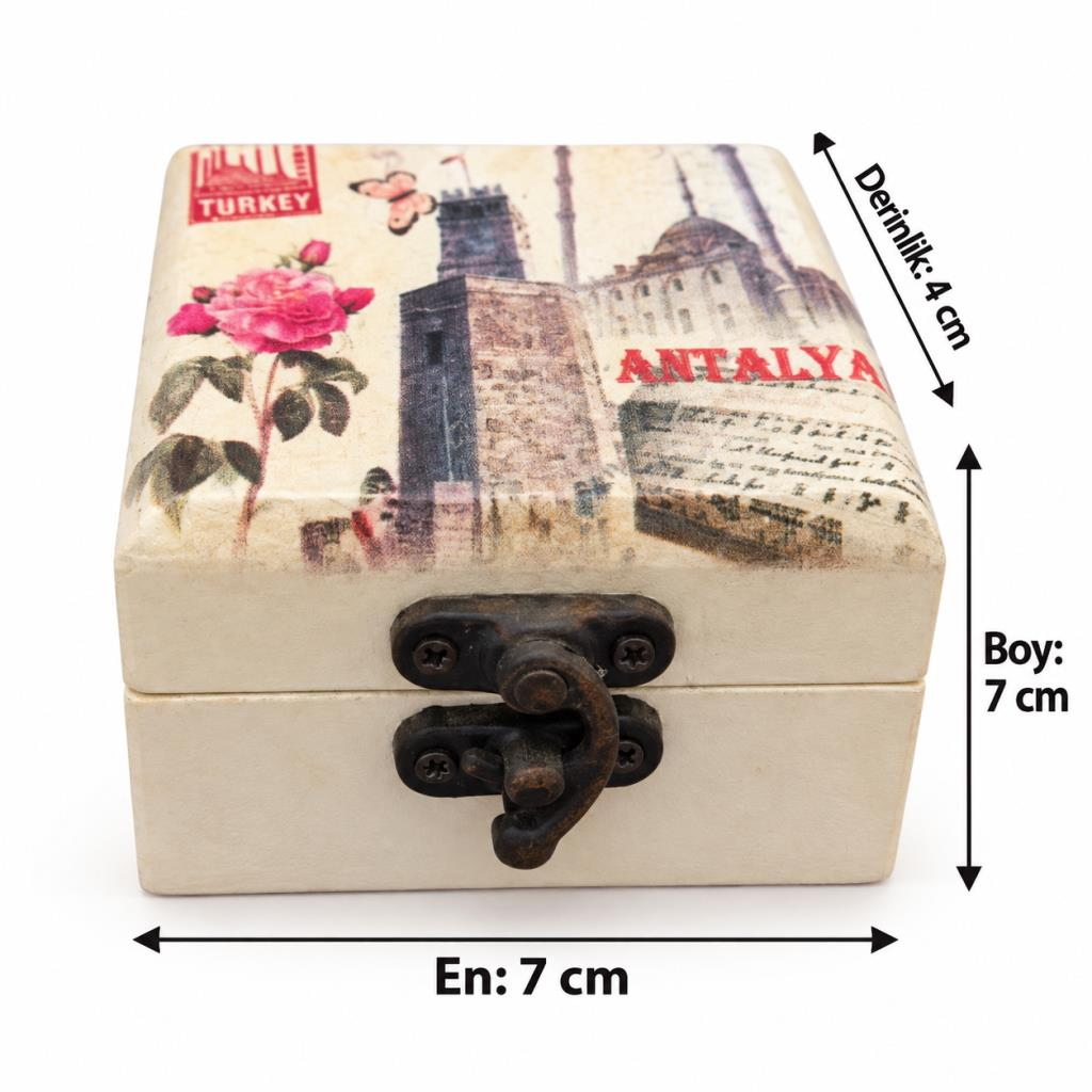 Ahşap Takı Kutusu Aynalı Dekoratif Mücevher ve Yüzük Saklama Kutusu 7x7x4 cm