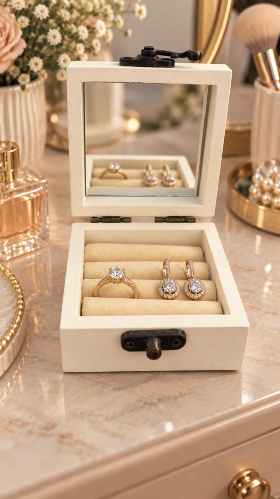Ahşap Takı Kutusu Aynalı Dekoratif Mücevher ve Yüzük Saklama Kutusu 7x7x4 cm