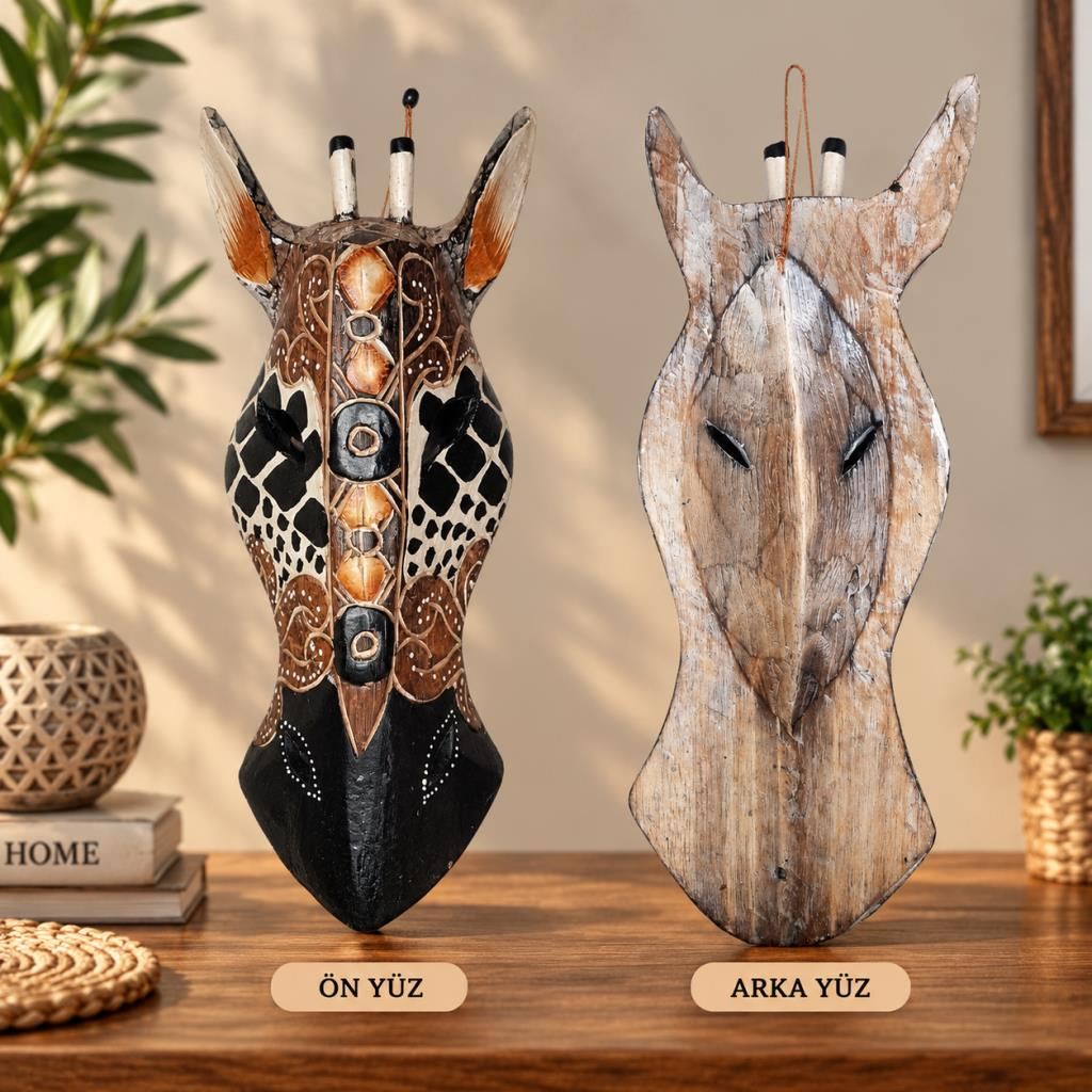 Ahşap Zürafa Maskesi 31 cm Dekoratif Etnik Duvar Objesi Otantik Duvar Süsü  