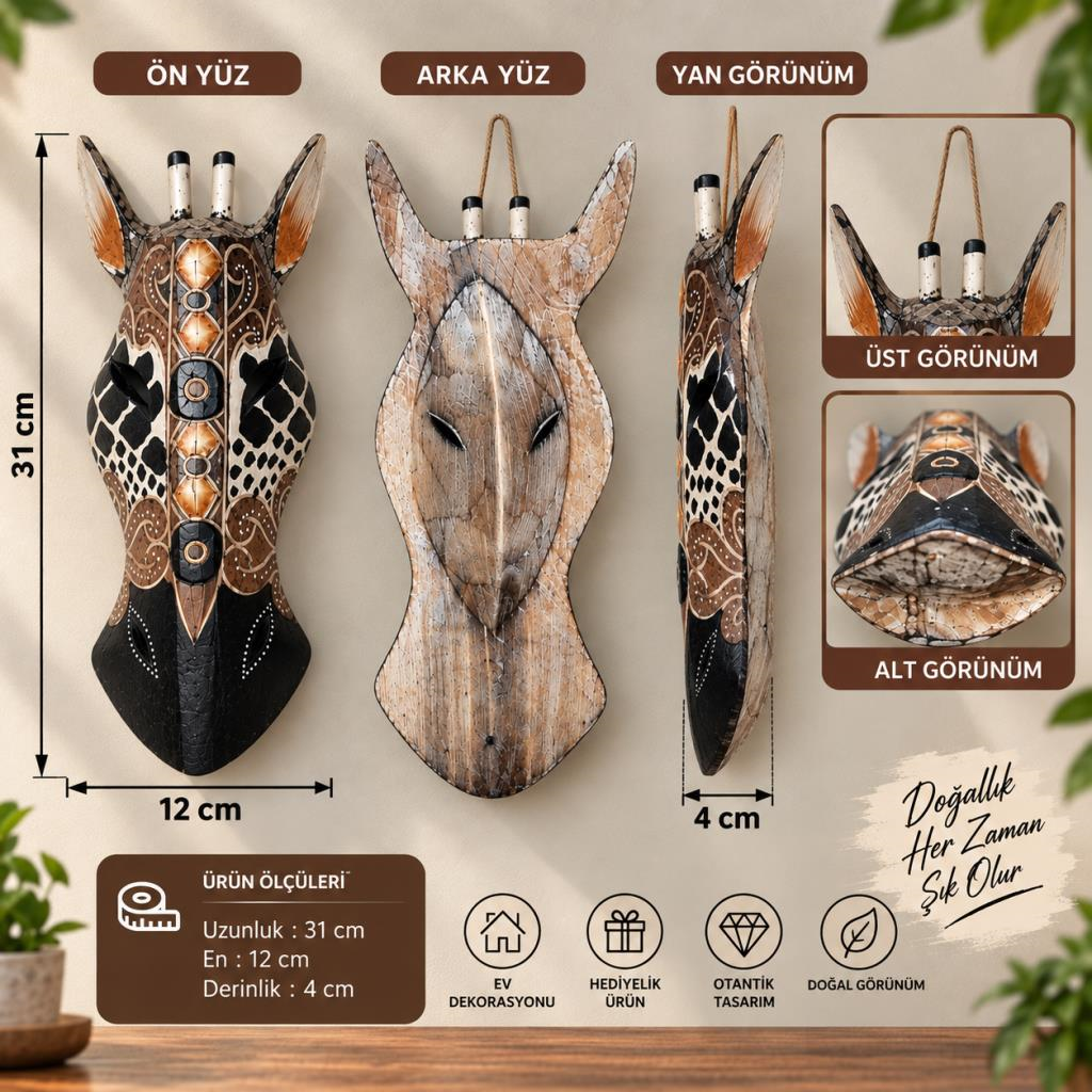 Ahşap Zürafa Maskesi 31 cm Dekoratif Etnik Duvar Objesi Otantik Duvar Süsü  