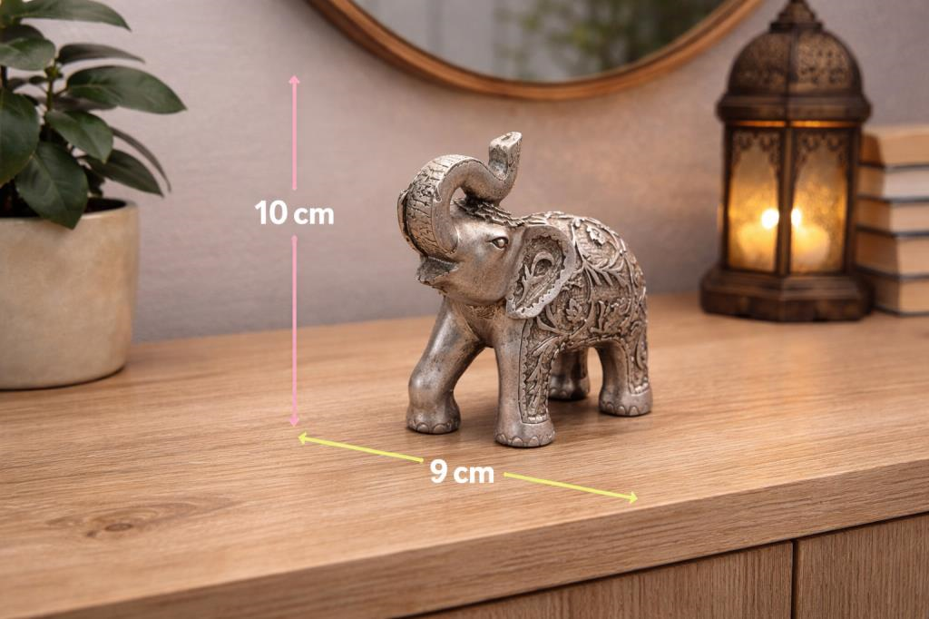 Antik Gümüş Fil Dekoratif Obje 10x9 cm – Raf ve Konsol Üstü Masa Aksesuarı