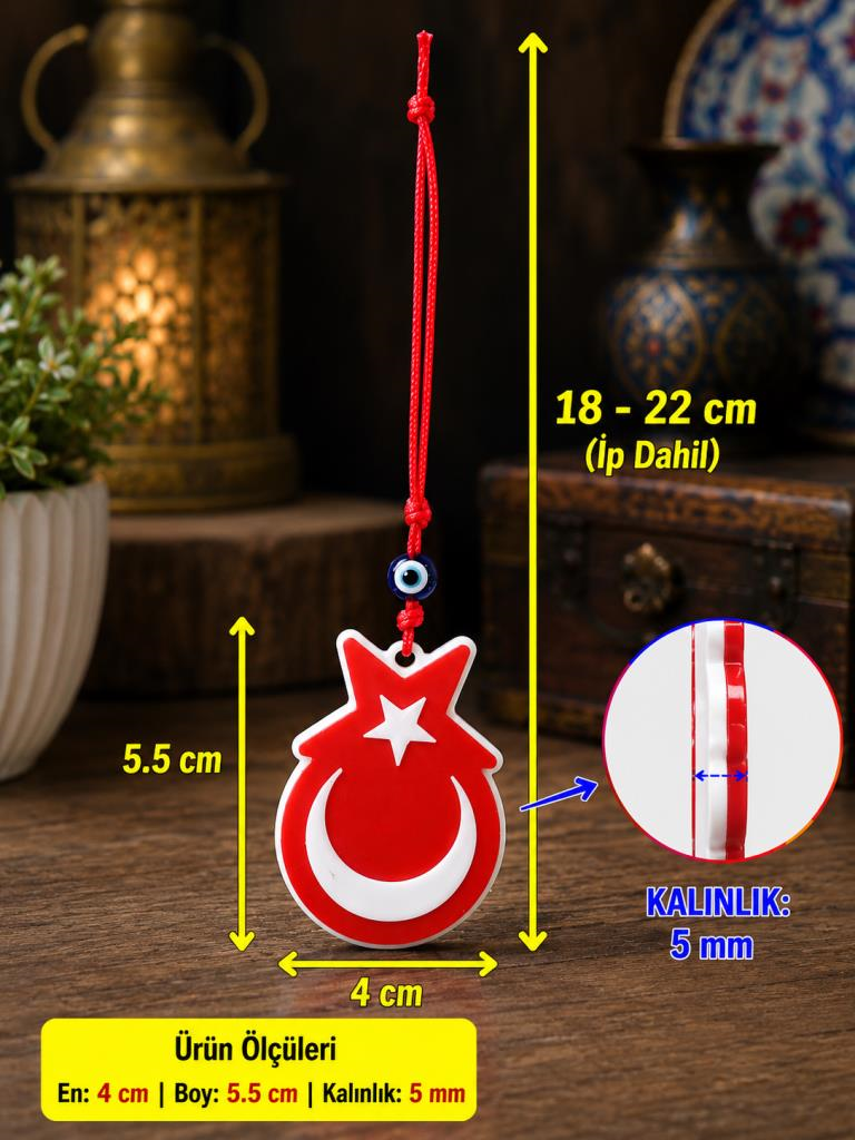 Araba Dikiz Ayna Süsü Türk Bayrağı Çift Taraflı Cam Nazar Boncuklu Kapı Süsü Ev Dekorasyonu